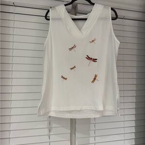 White Sleeveless Top with Dragonfly Design Size XL